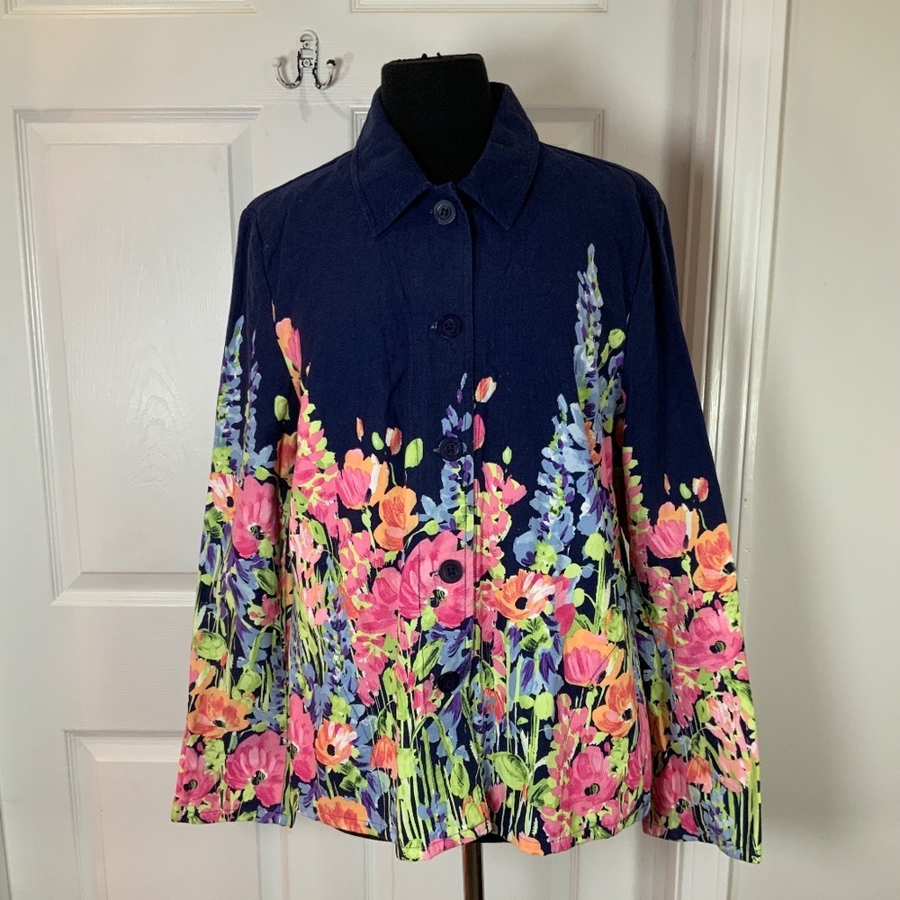 Denim Shacket Navy Colorful Floral Grandmacore Lightweight Cotton Large